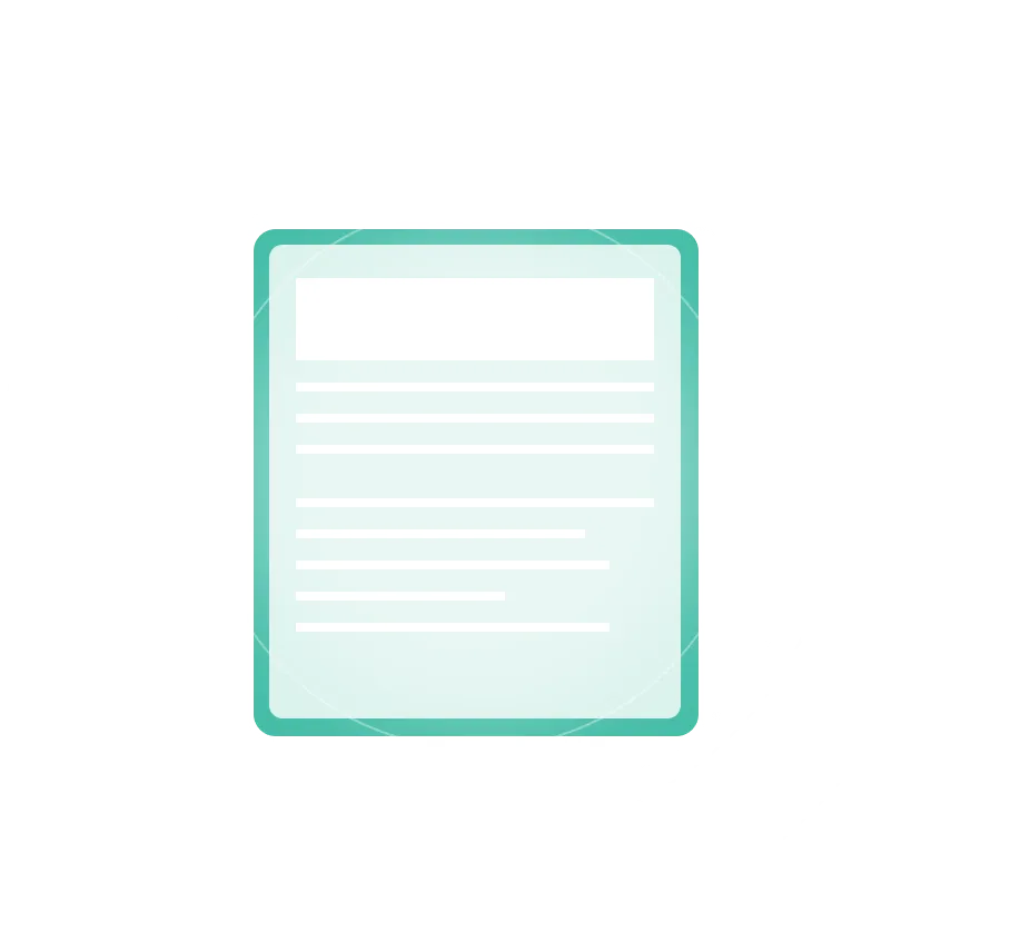 Illustration of a document with lines of text inside a teal square, surrounded by three concentric white circles on a black background.