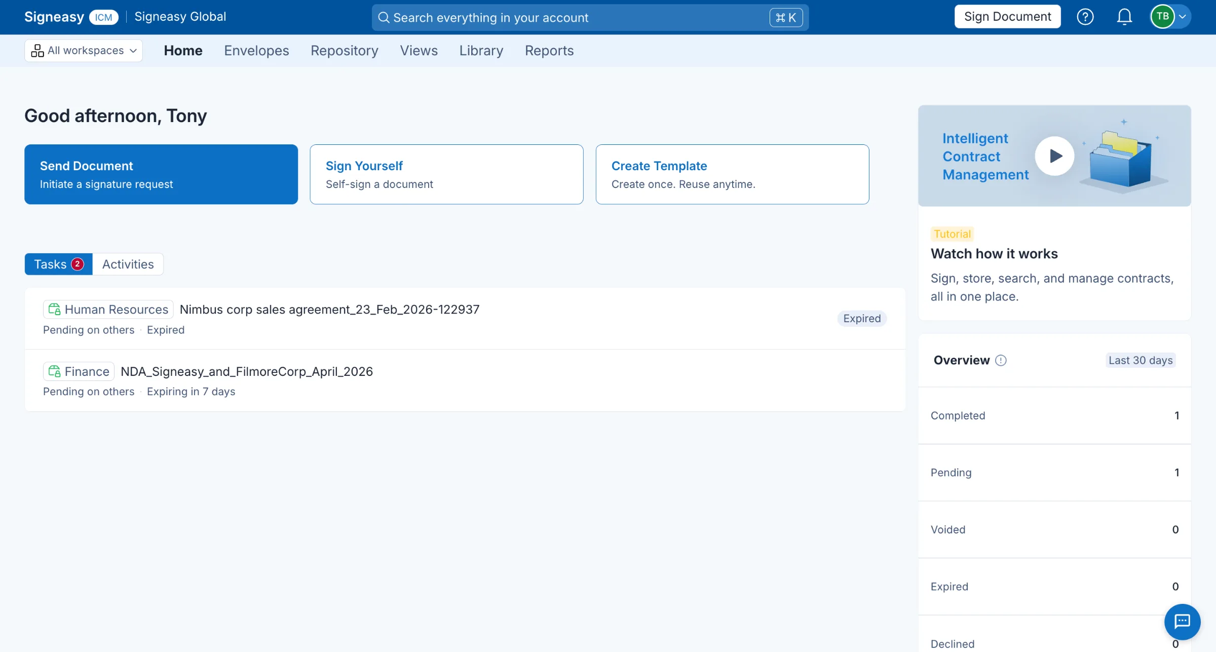 Signeasy Intelligent Contract Management dashboard — first step of the product walkthrough
