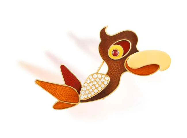 AN ENAMEL, RUBY AND DIAMOND NOVELTY BROOCH BY CARLO ILLARIO, CIRCA 1960