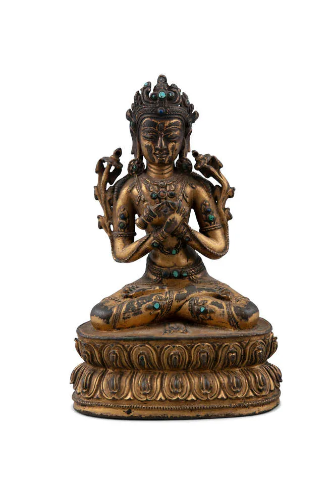 A STONE-EMBELLISHED GILT BRONZE FIGURE OF VAJRADHARA ALSO KNOWN AS DORJE CHANG TIBETO-CHINESE, POSSIBLY 19TH CENTURY
