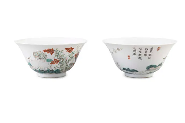 A PAIR OF FAMILLE-ROSE 'THREE RAMS' BOWLS
