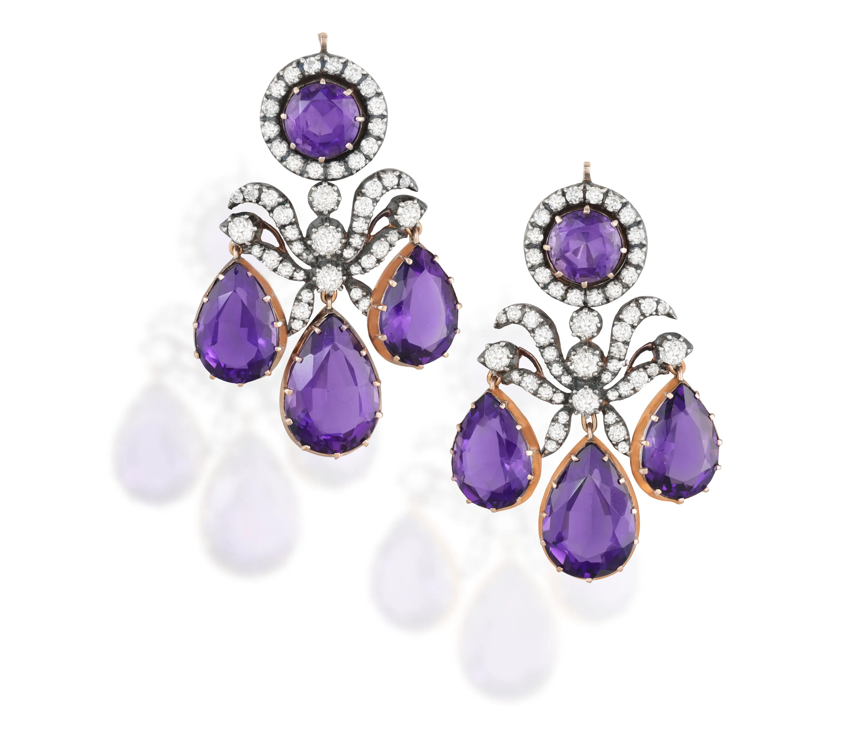 AN IMPORTANT LATE 19TH CENTURY PAIR OF AMETHYST AND DIAMOND PENDENT EARRINGS