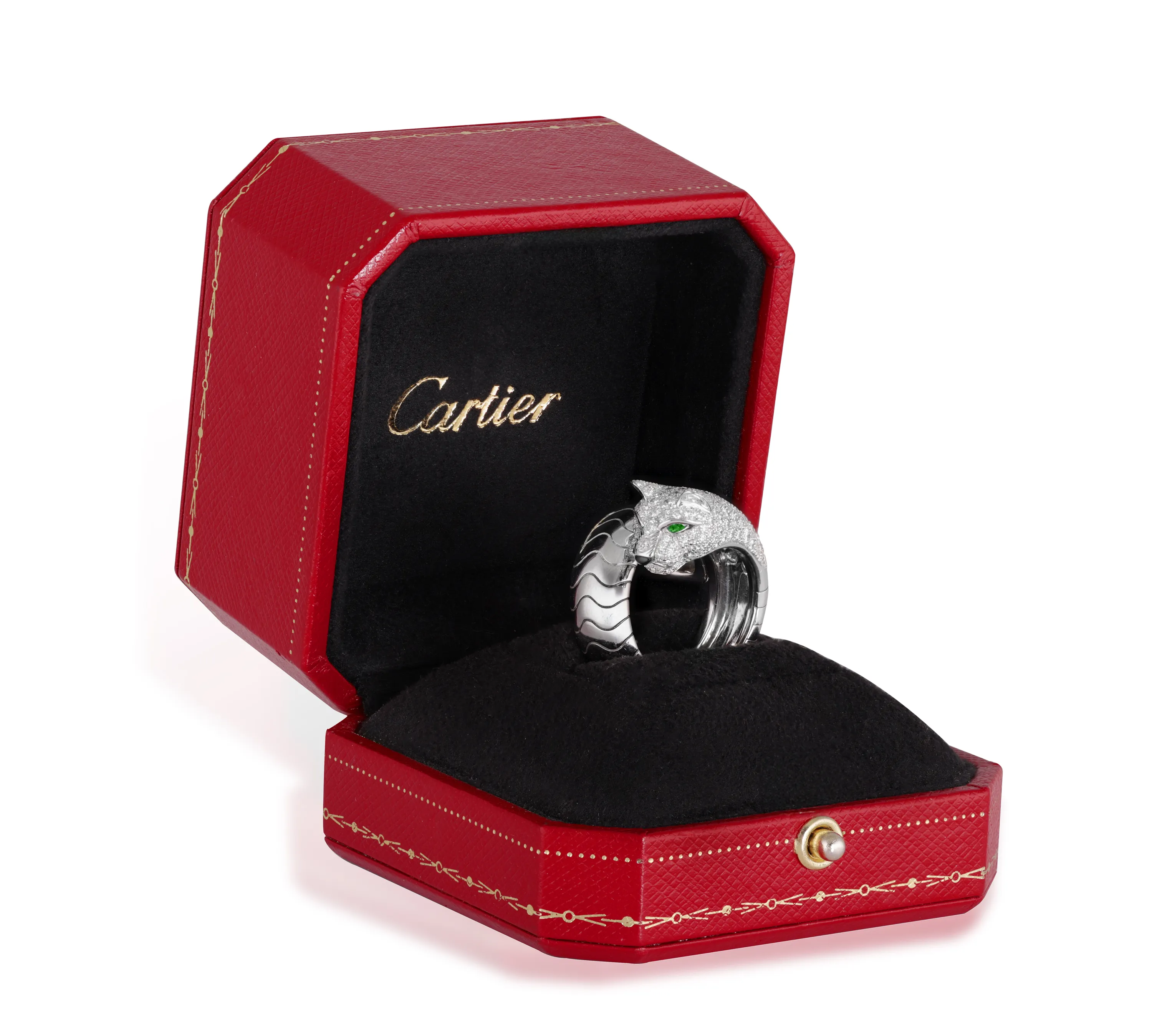 CARTIER: A DIAMOND AND EMERALD 'PANTHÈRE' DRESS RING, FRENCH