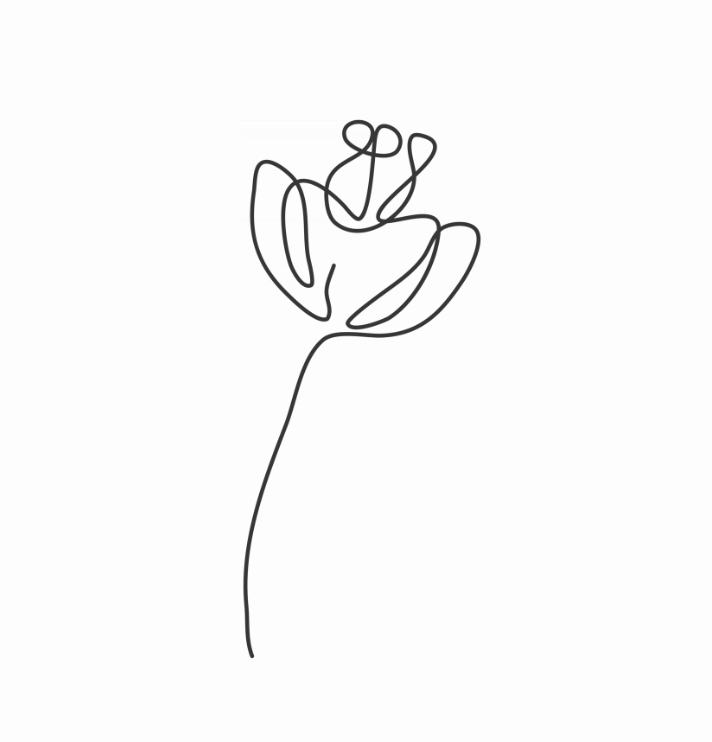 Black and white line drawing of a symmetrical six-armed snowflake with rounded tips.