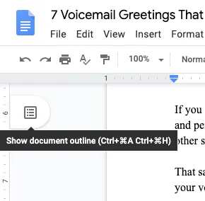 How to access the Google Docs outline sidebar.