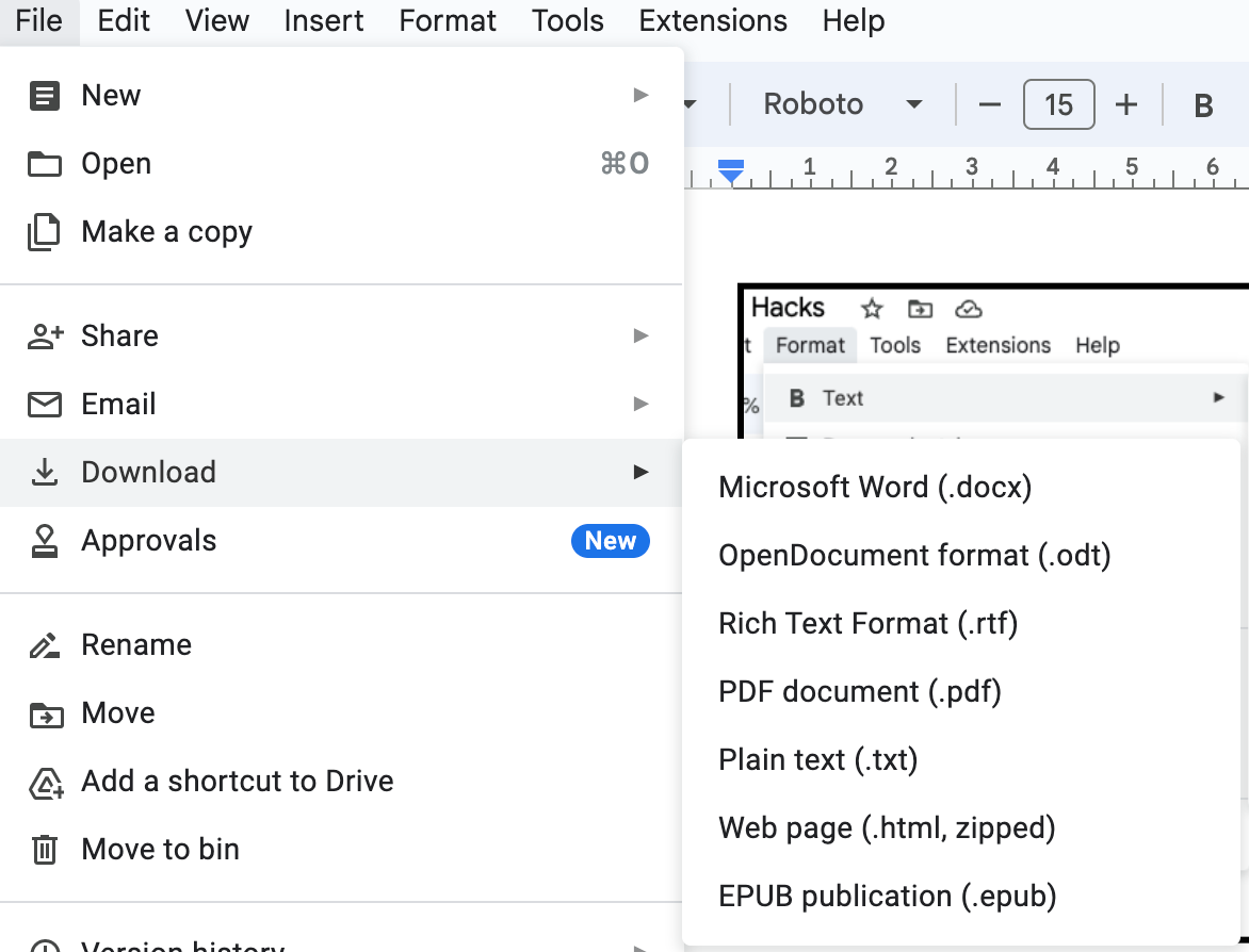  Screenshot showing what to click to download a Google Doc as a PDF.