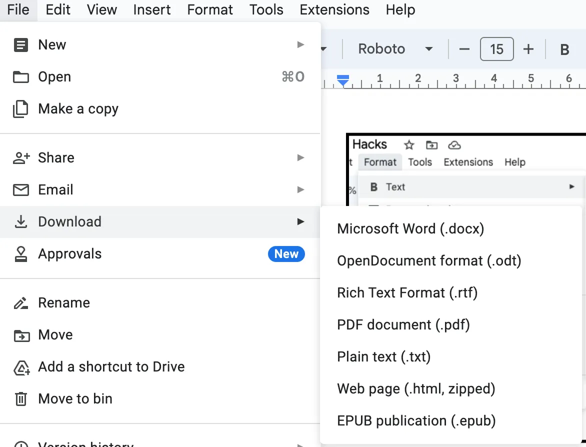  Screenshot showing what to click to download a Google Doc as a PDF.