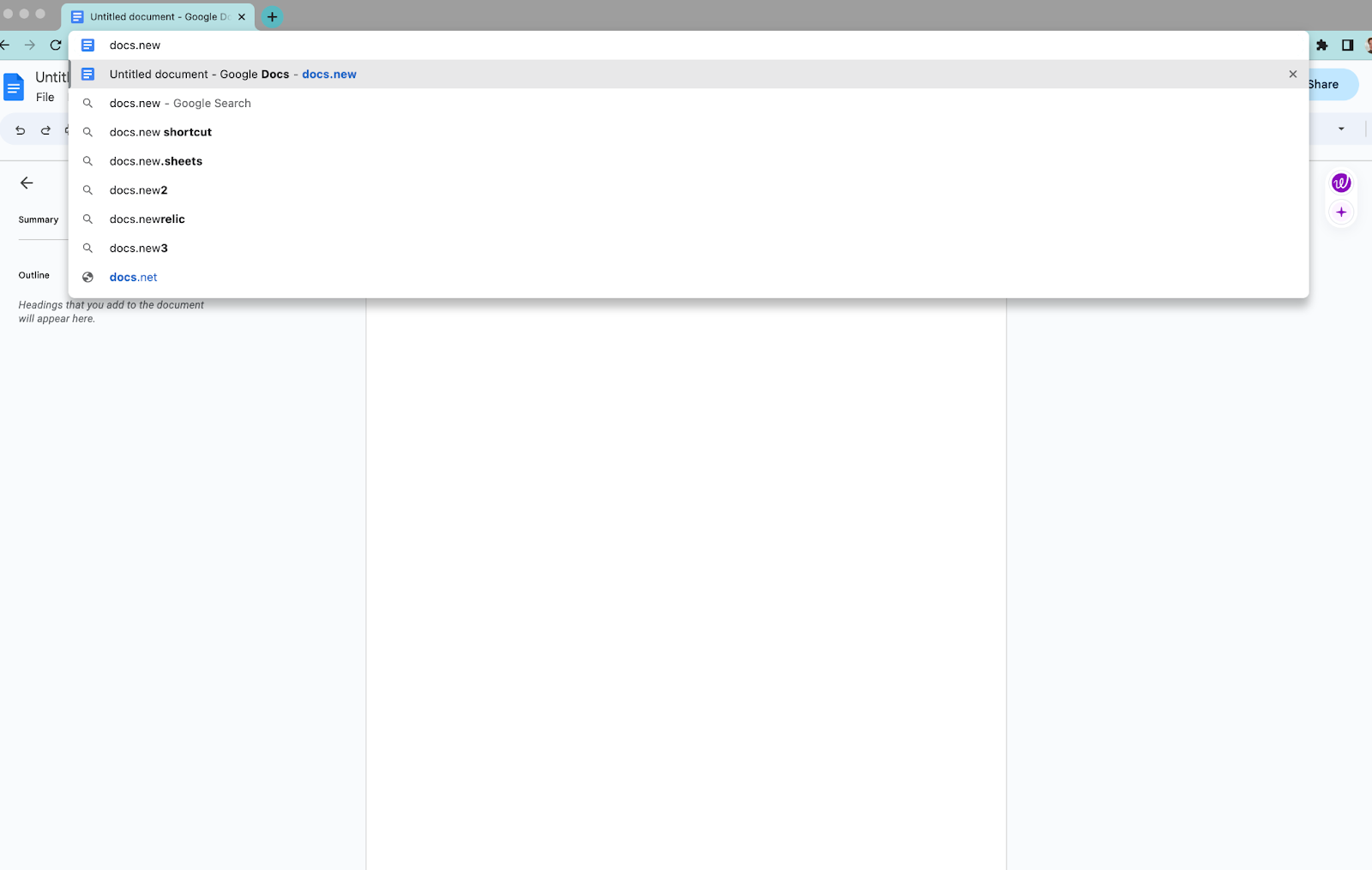 Screenshot of opening a brand new Google document by typing docs.new into the browser.