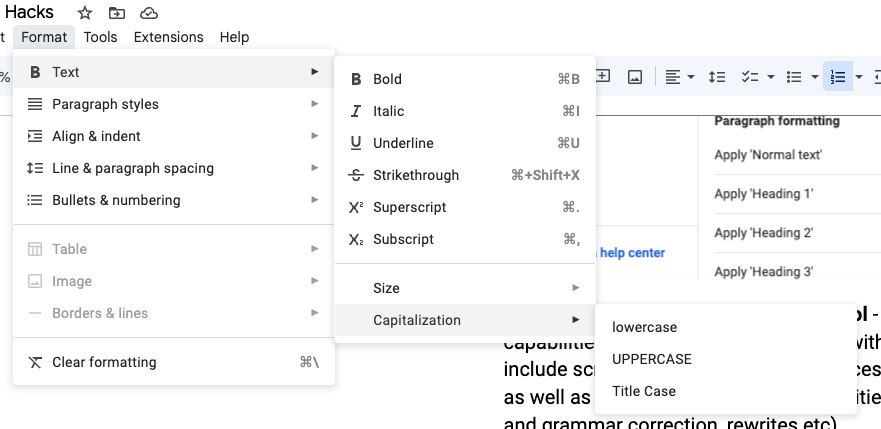 Accessing the “Format” menu to quickly change capitalization in Google Docs.