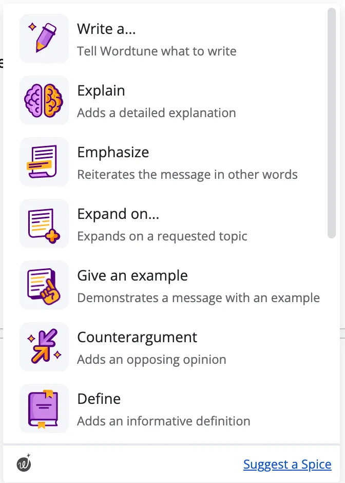 Image showing Wordtune’s Spices features, including asking the app to explain, emphasize, or expand on a requested topic. Other features include giving an example, a counterargument, or adding a definition.