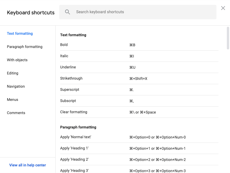 A list of common keyboard shortcuts available in Google Docs.