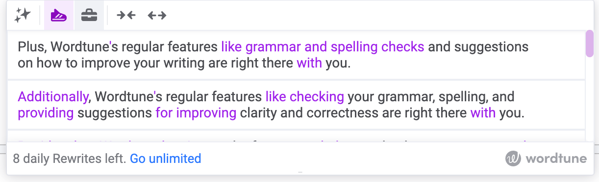 image showing that all of Wordtune’s features are provided as you type in Google Docs, allowing you to rewrite, rephrase, or change tone of voice. 