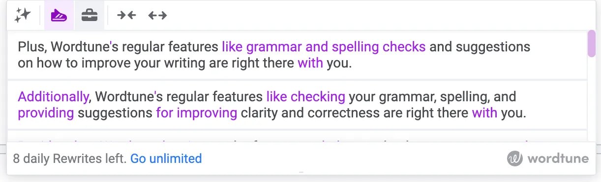 image showing that all of Wordtune’s features are provided as you type in Google Docs, allowing you to rewrite, rephrase, or change tone of voice. 