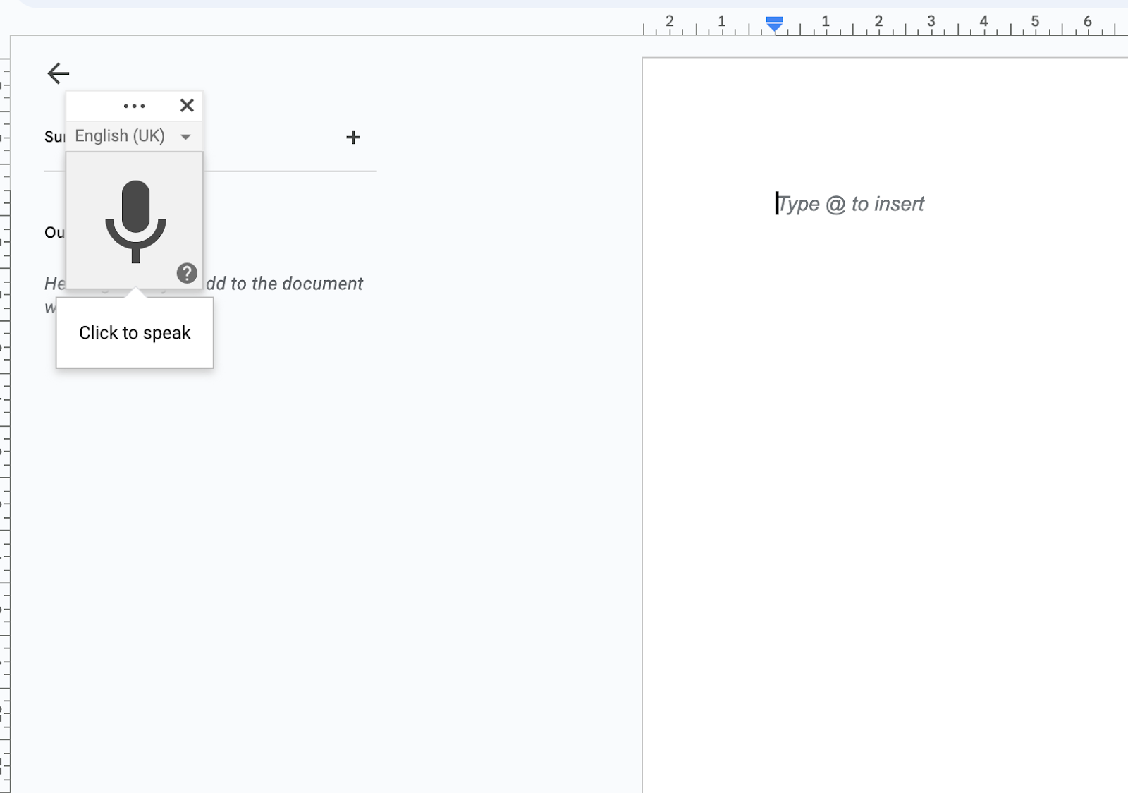 Screenshot showing the Voice Typing feature in Google Docs, including how to click on the microphone to start speaking.