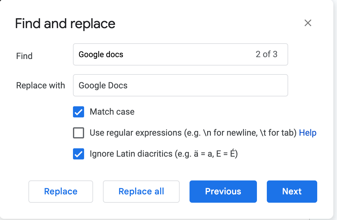 The Google Docs find and replace pop-up with the box for “Match case” checked so it can replace the name “Google docs” with “Google Docs.”