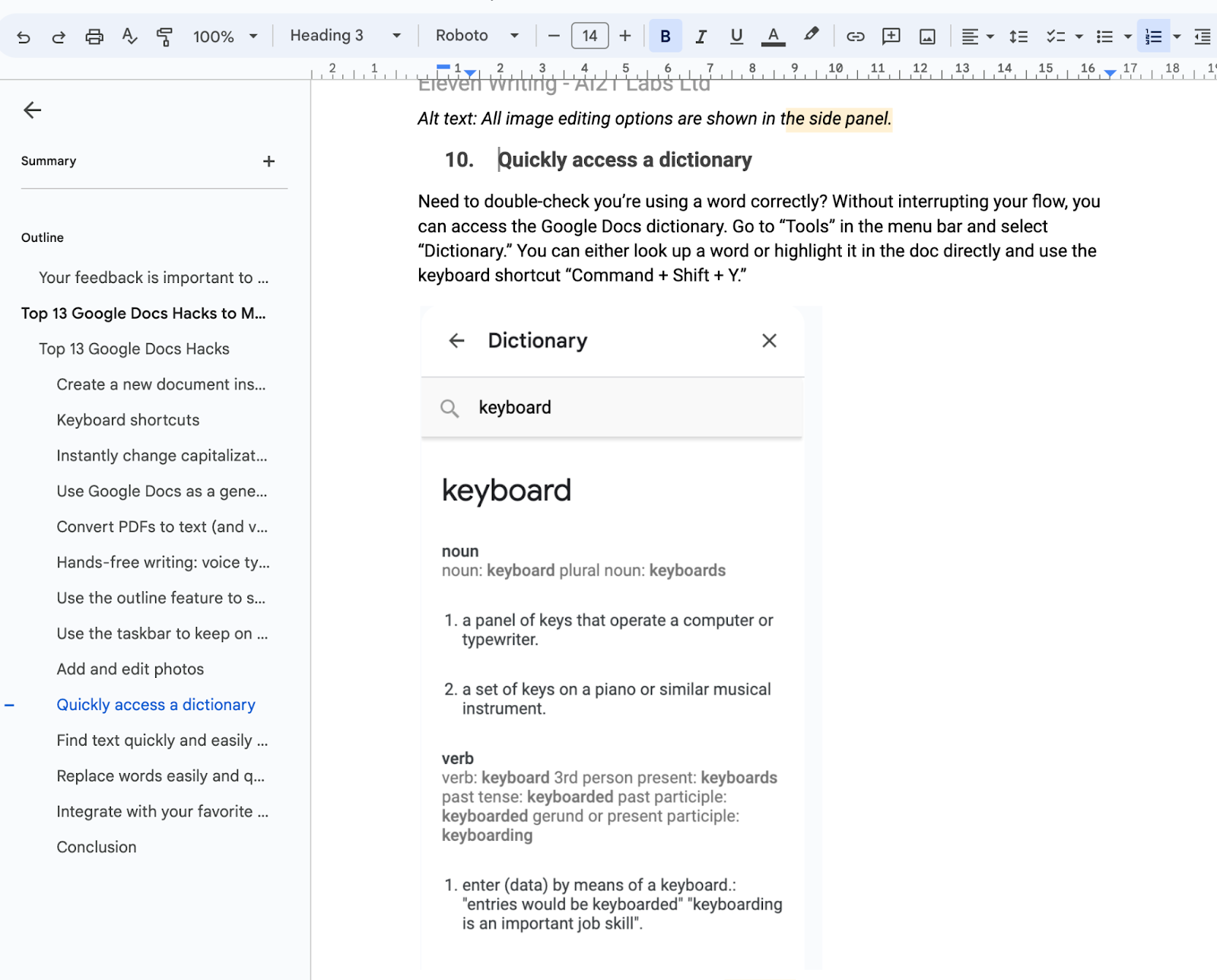 A screenshot of a document outline on the left side of the browser window in Google Docs.