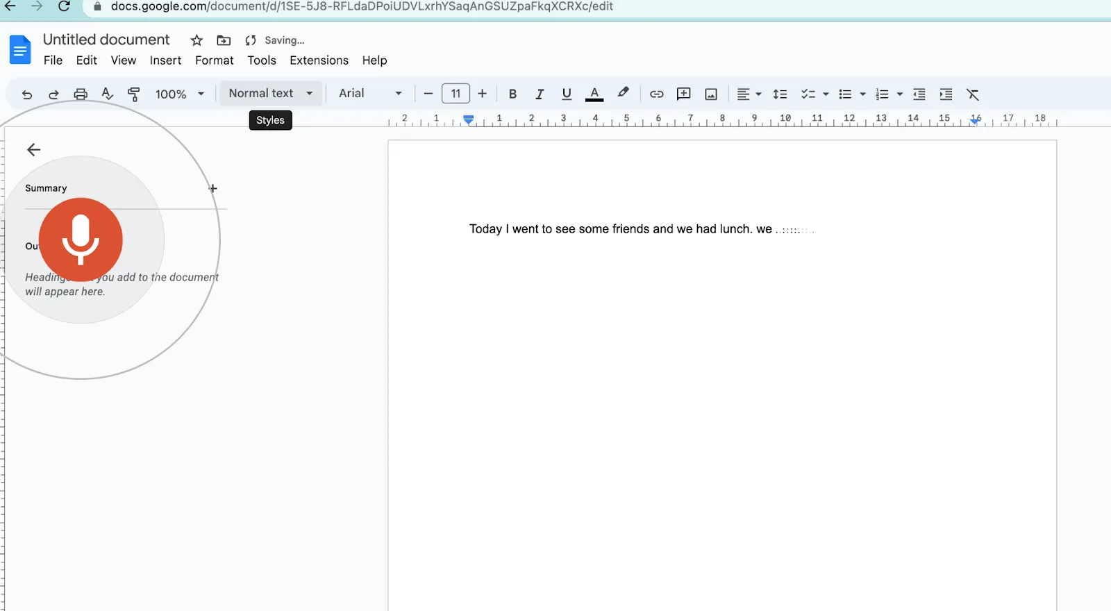 Screenshot of the Voice Typing feature in Google Docs, including a large red button with a microphone icon, which you can click to begin dictating.