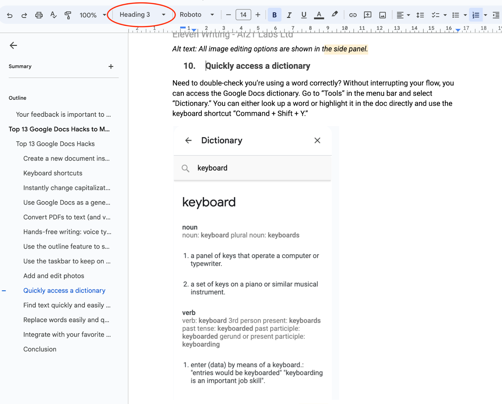 The Google Docs browser interface with the “Styles” drop-down menu in the toolbar circled in red.