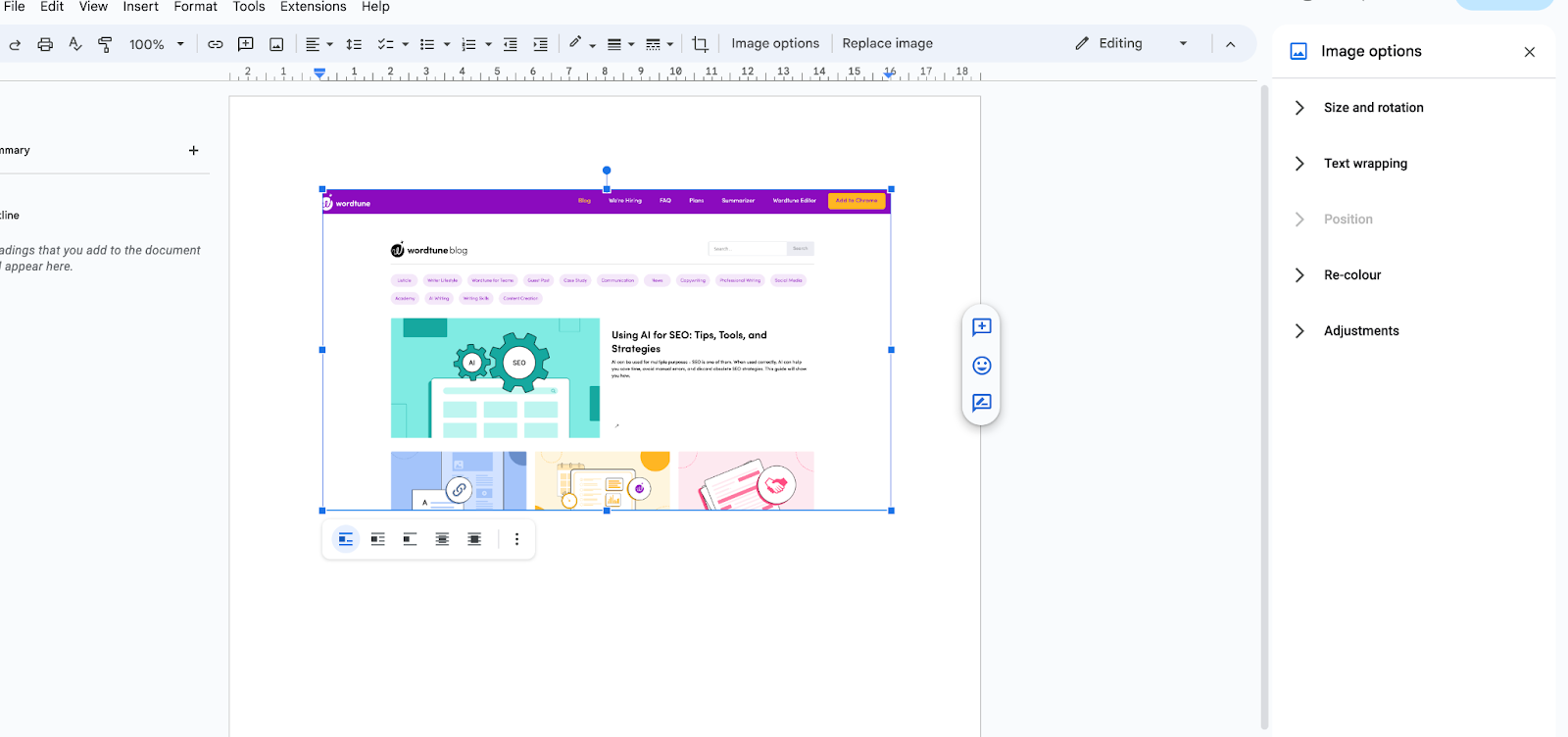 The image editing options panel from the Google Docs browser.