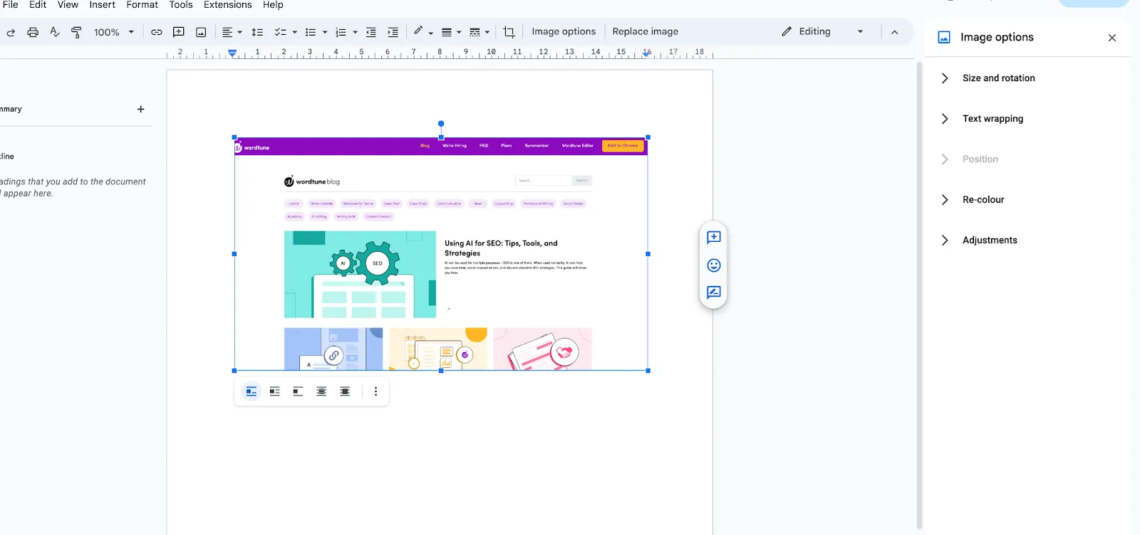 The image editing options panel from the Google Docs browser.