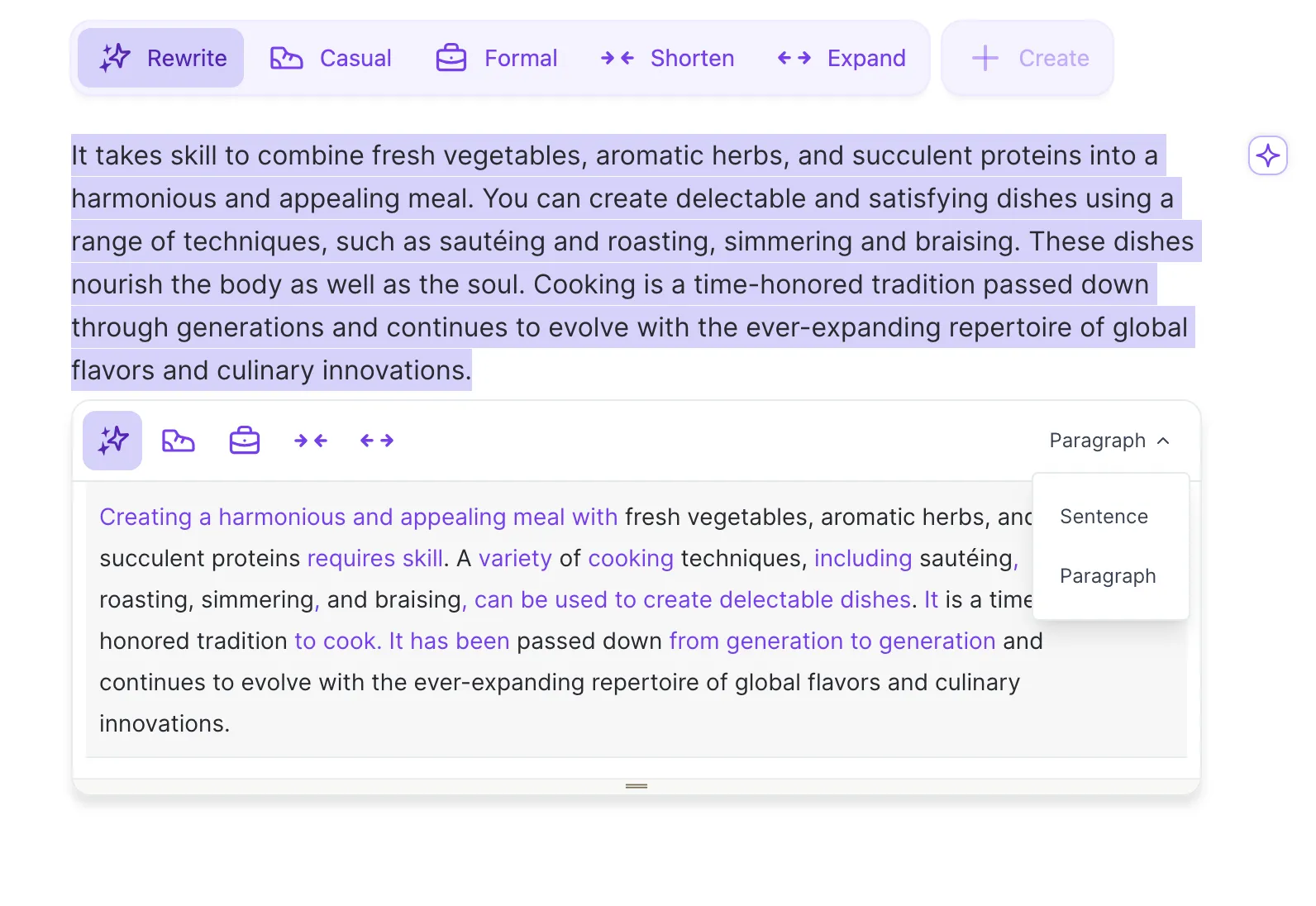 Switch between rewriting a single sentence or paragraph with Wordtune Rewrite.