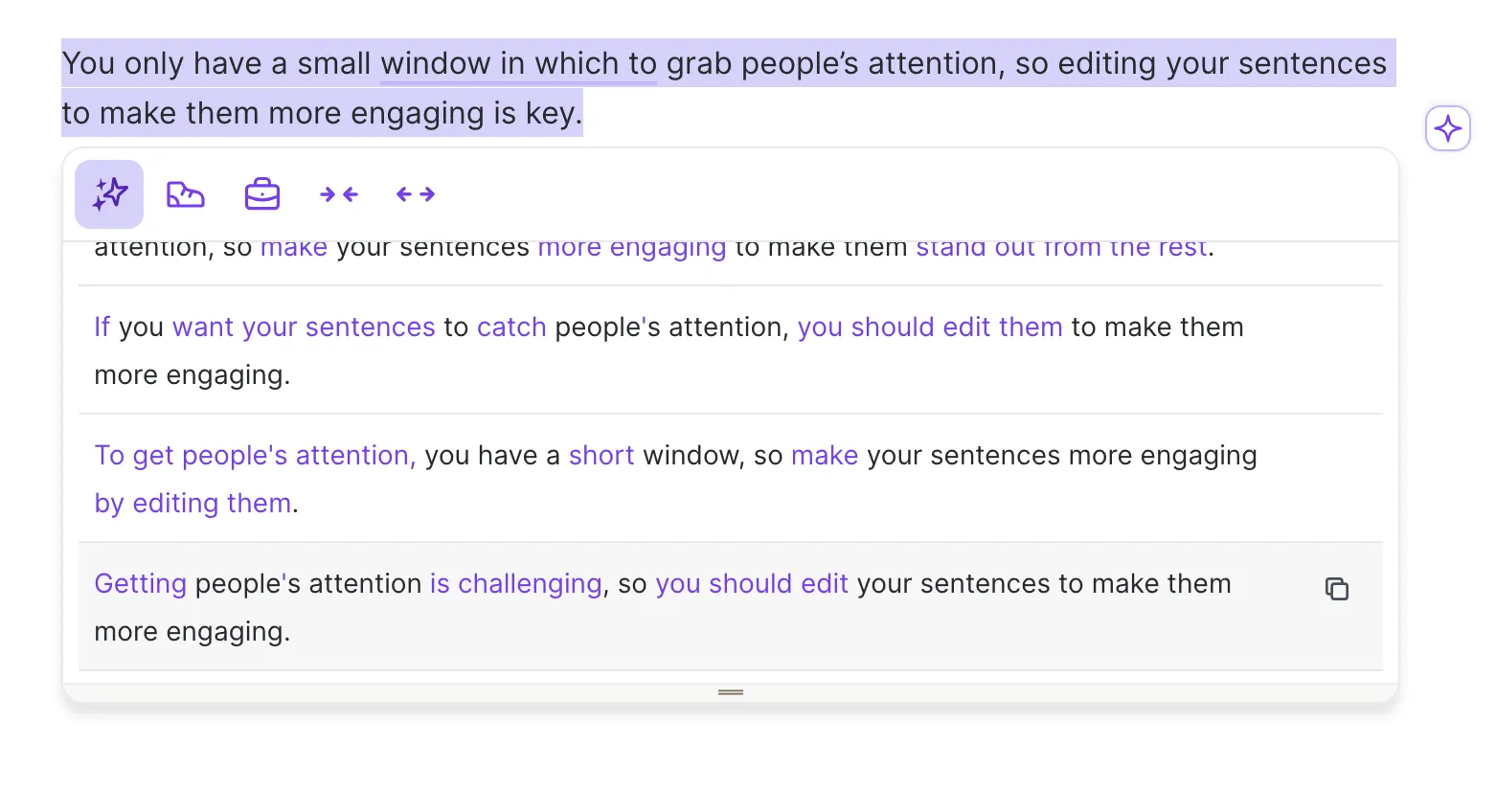 Wordtune provides a list of rewriting suggestions.