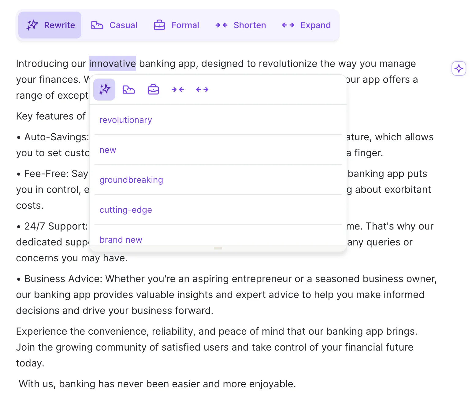 Wordtune can act as a thesaurus by providing synonyms for chosen words.