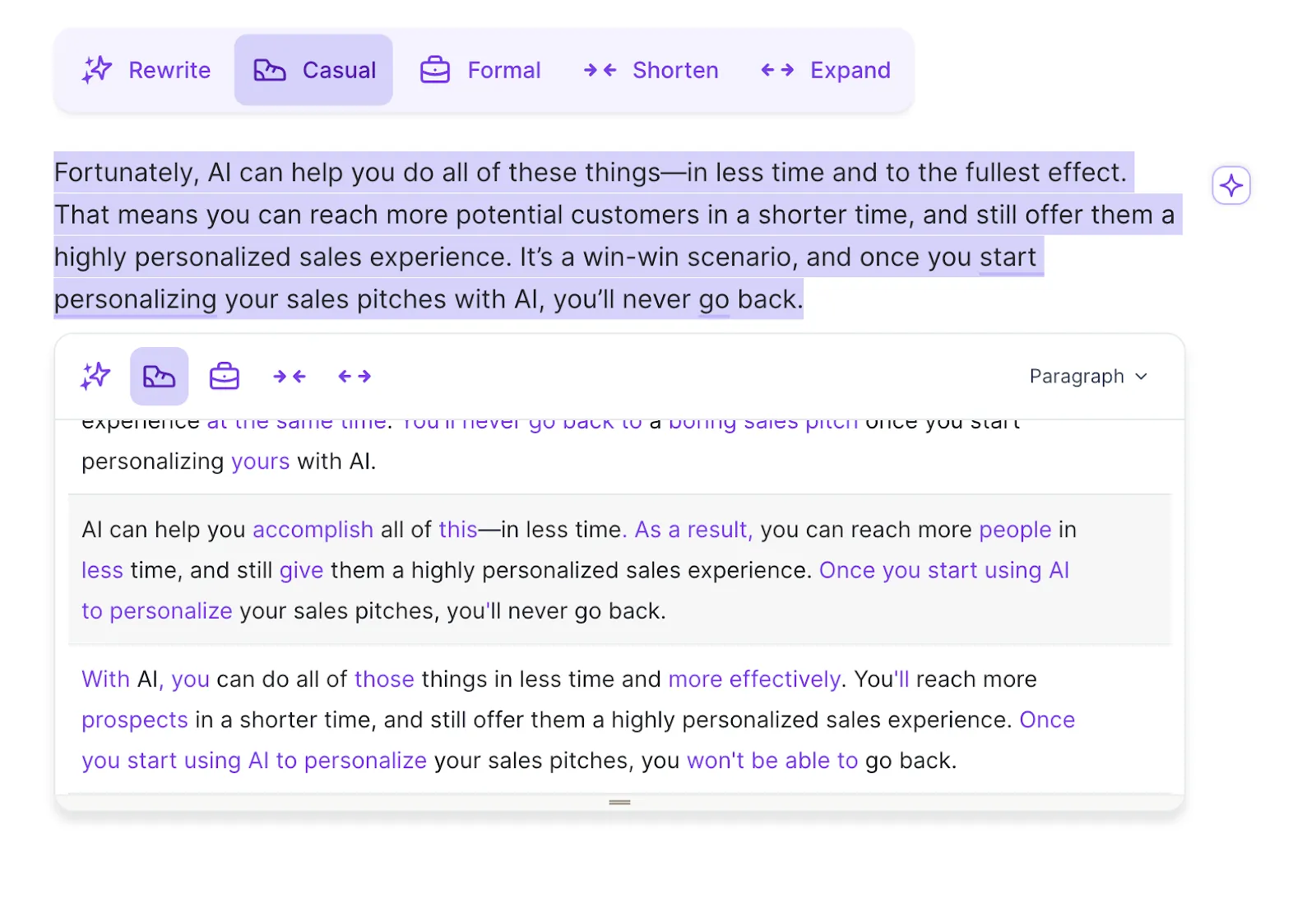 Wordtune’s tone of voice can be used for both a sentence or a whole paragraph.