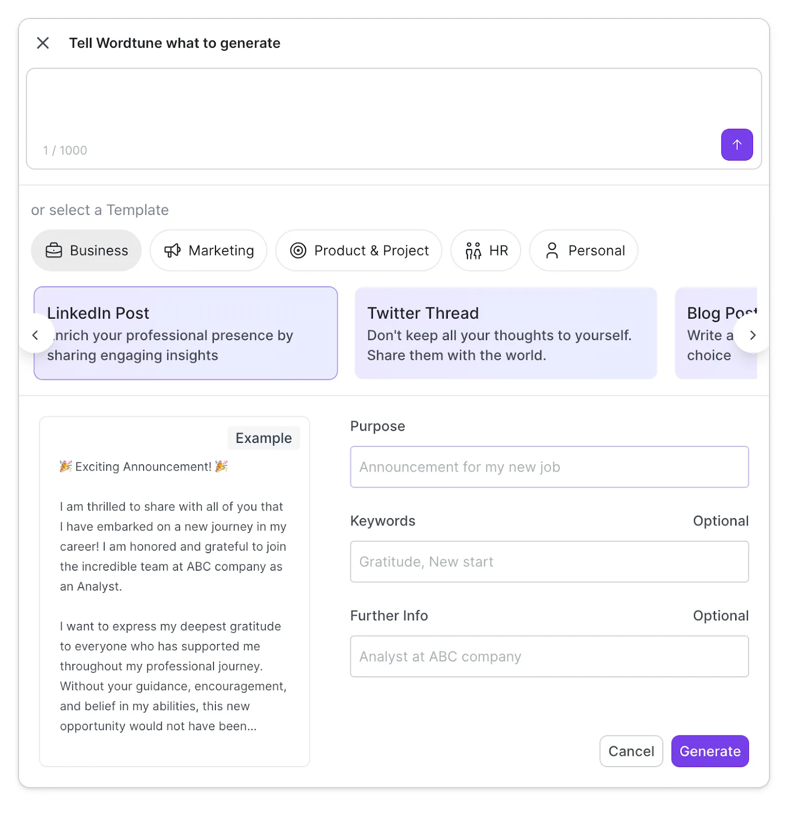 Select from Wordtune’s AI generator templates to seamlessly craft product descriptions, emails, and more.