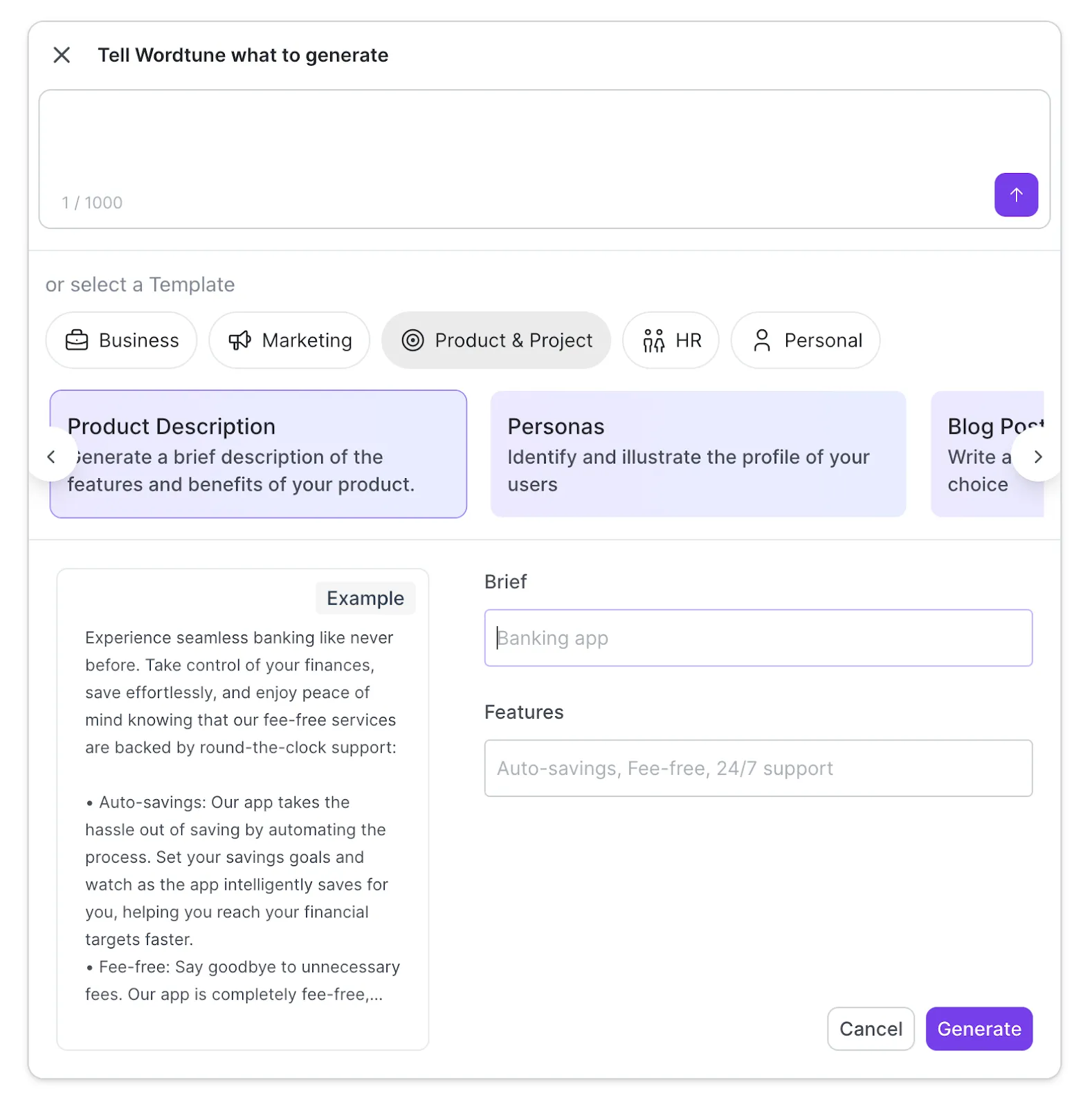 Click Generate once you’ve entered your details and Wordtune will craft text for you.