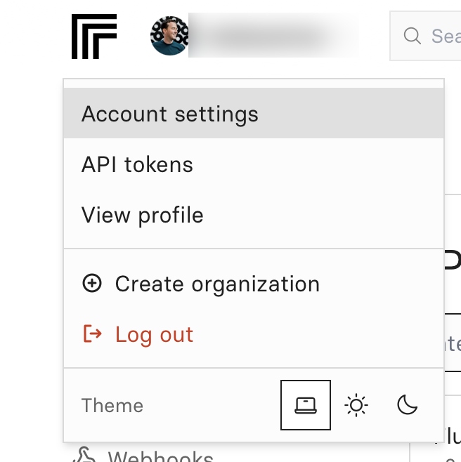 Account settings menu in Replicate