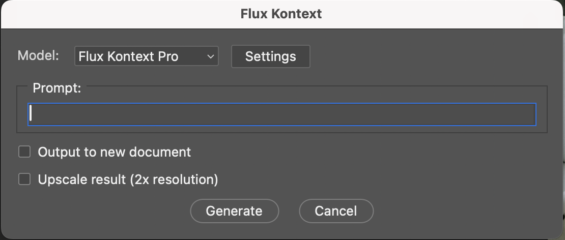 Flux Kontext main window with model, prompt, and options