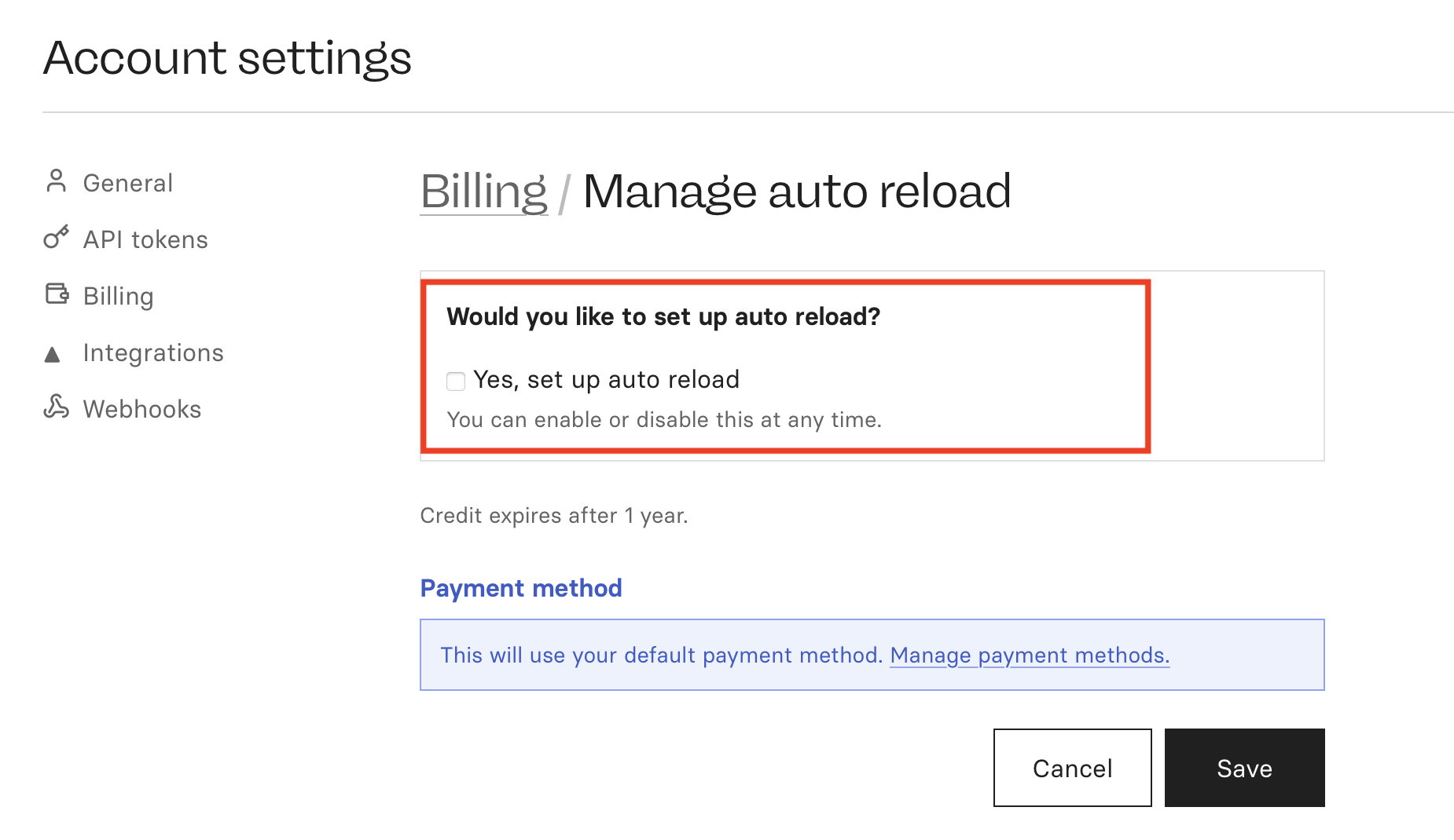 Auto reload settings in Replicate billing