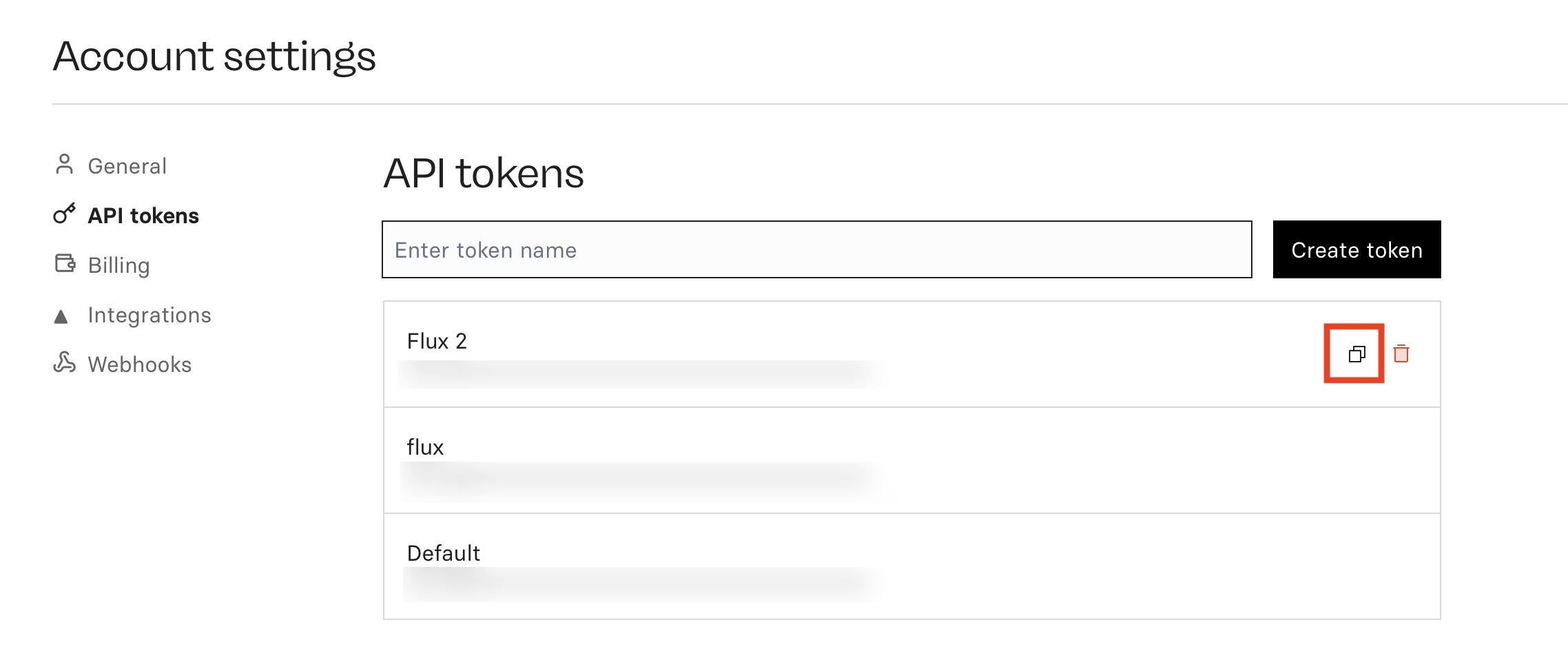 API tokens screen with copy icon