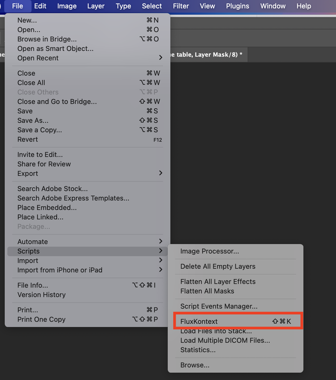 Photoshop File → Scripts → FluxKontext menu