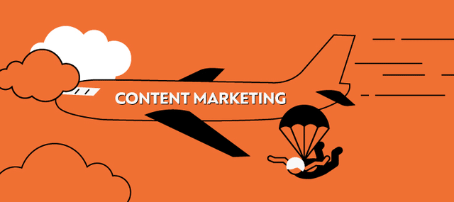 Illustration of a plane with "content marketing" written on the side and a person jumping out with a parachute