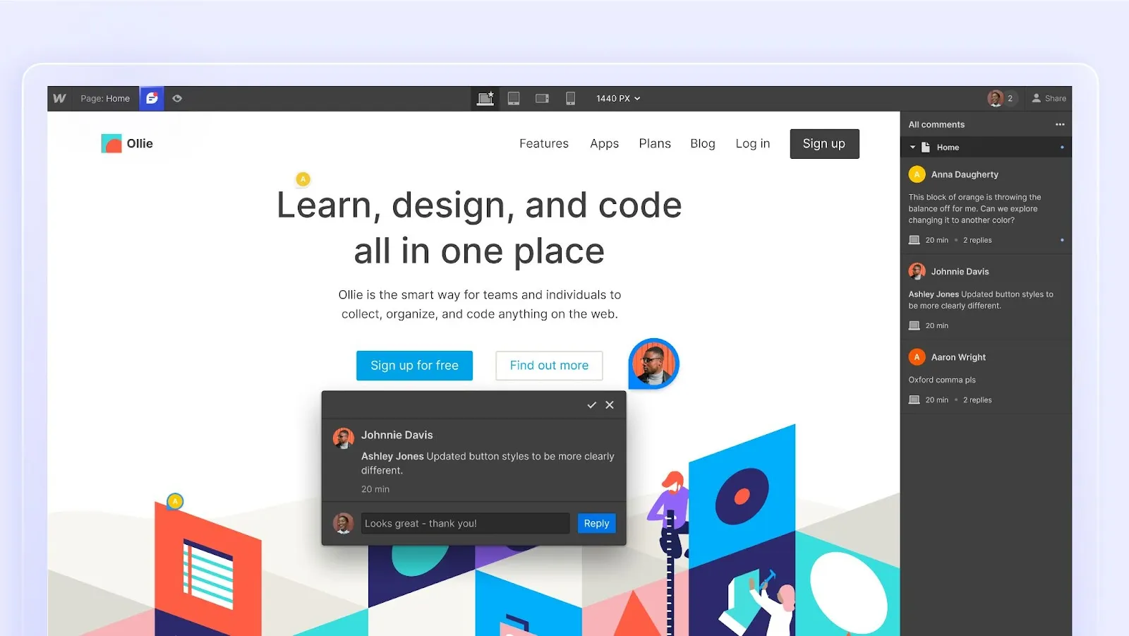 A new comment-only role that allows Workspace members to safely invite anyone into Webflow to leave feedback in the Designer, for free.