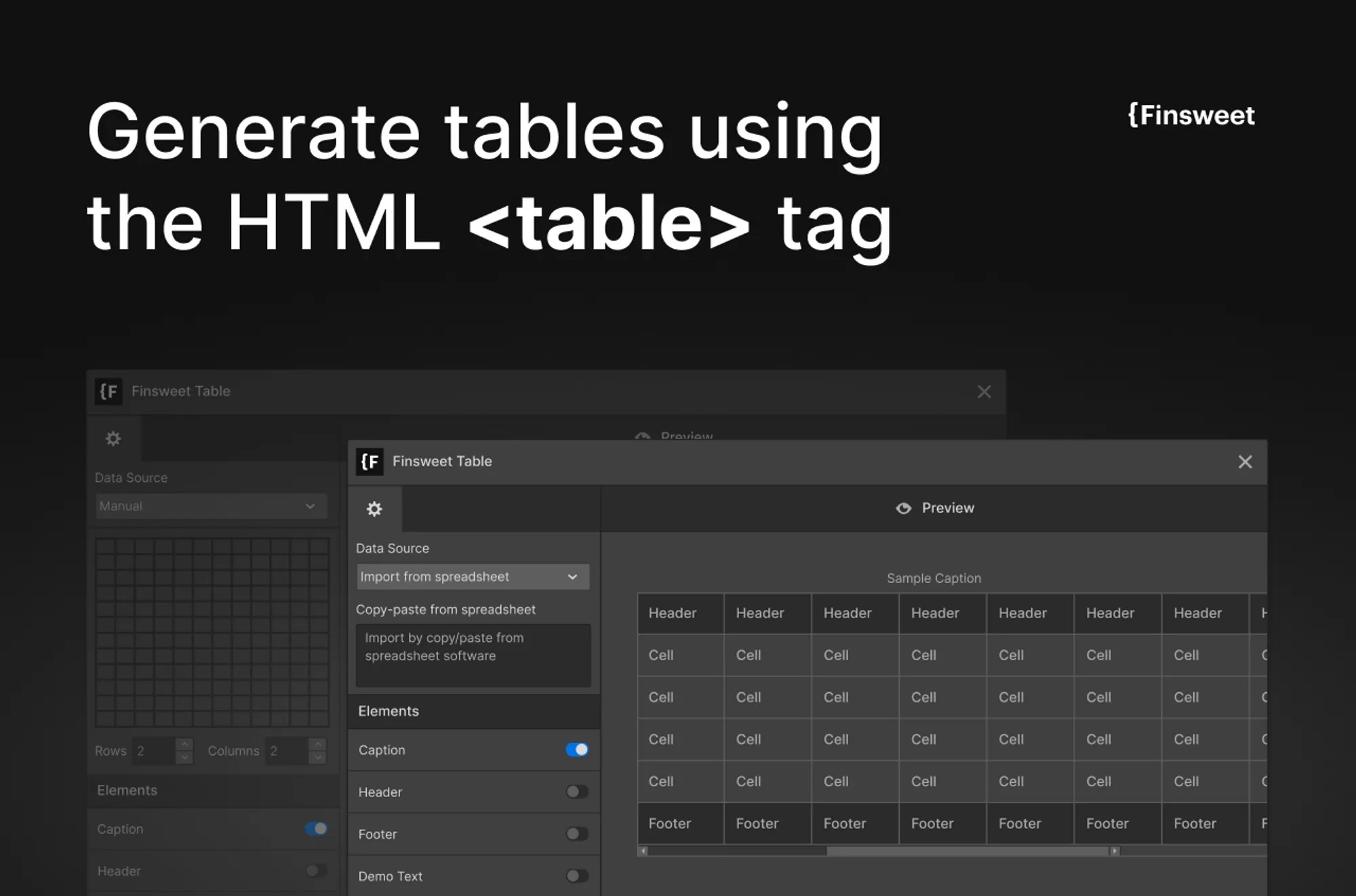 Finsweet table UI with settings, classes and preview.
