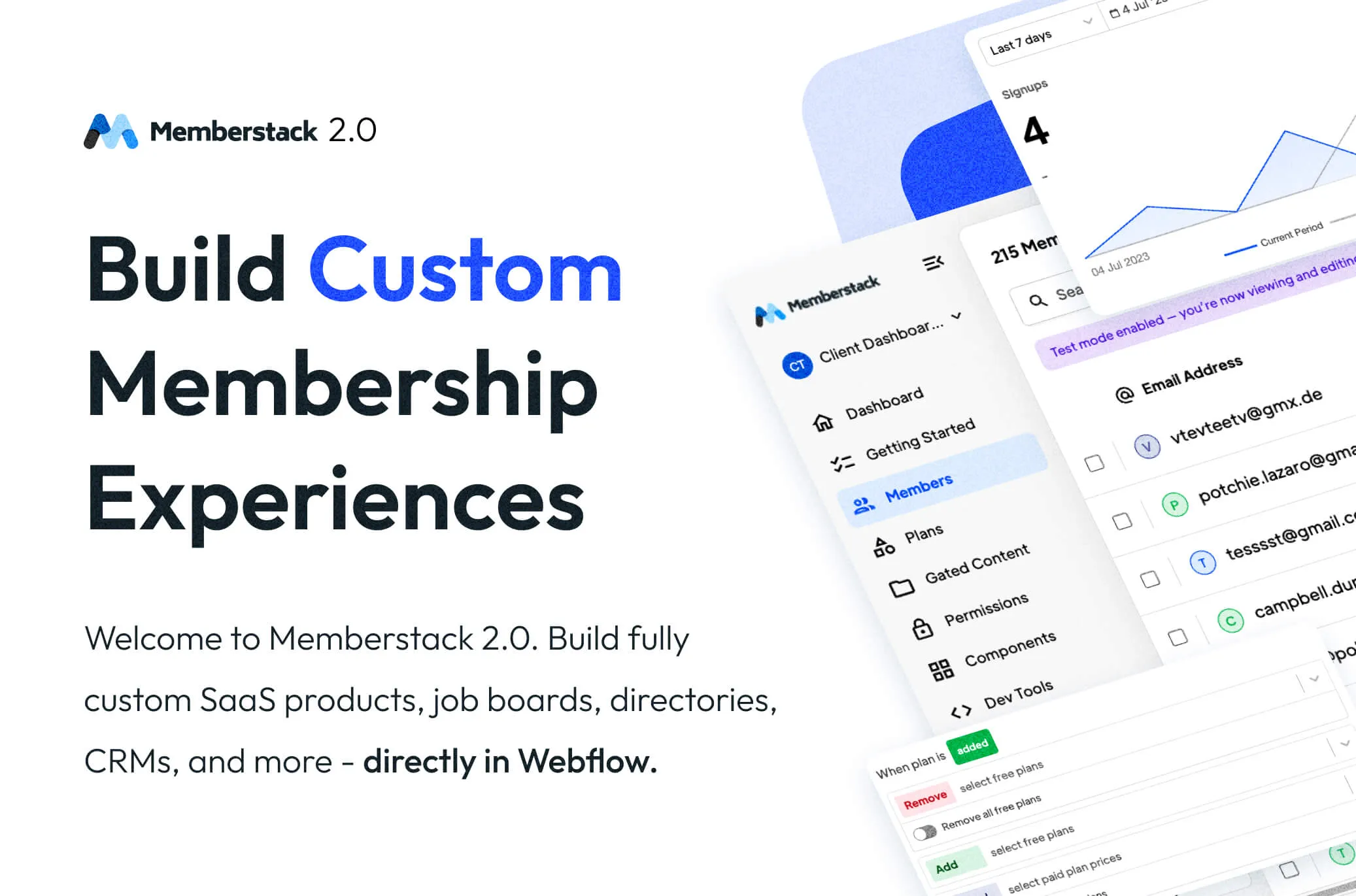 uild Custom Membership Experiences. Welcome to Memberstack 2.0. Build fully custom SaaS products, job boards, directories, CRMs, and more - directly in Webflow.
