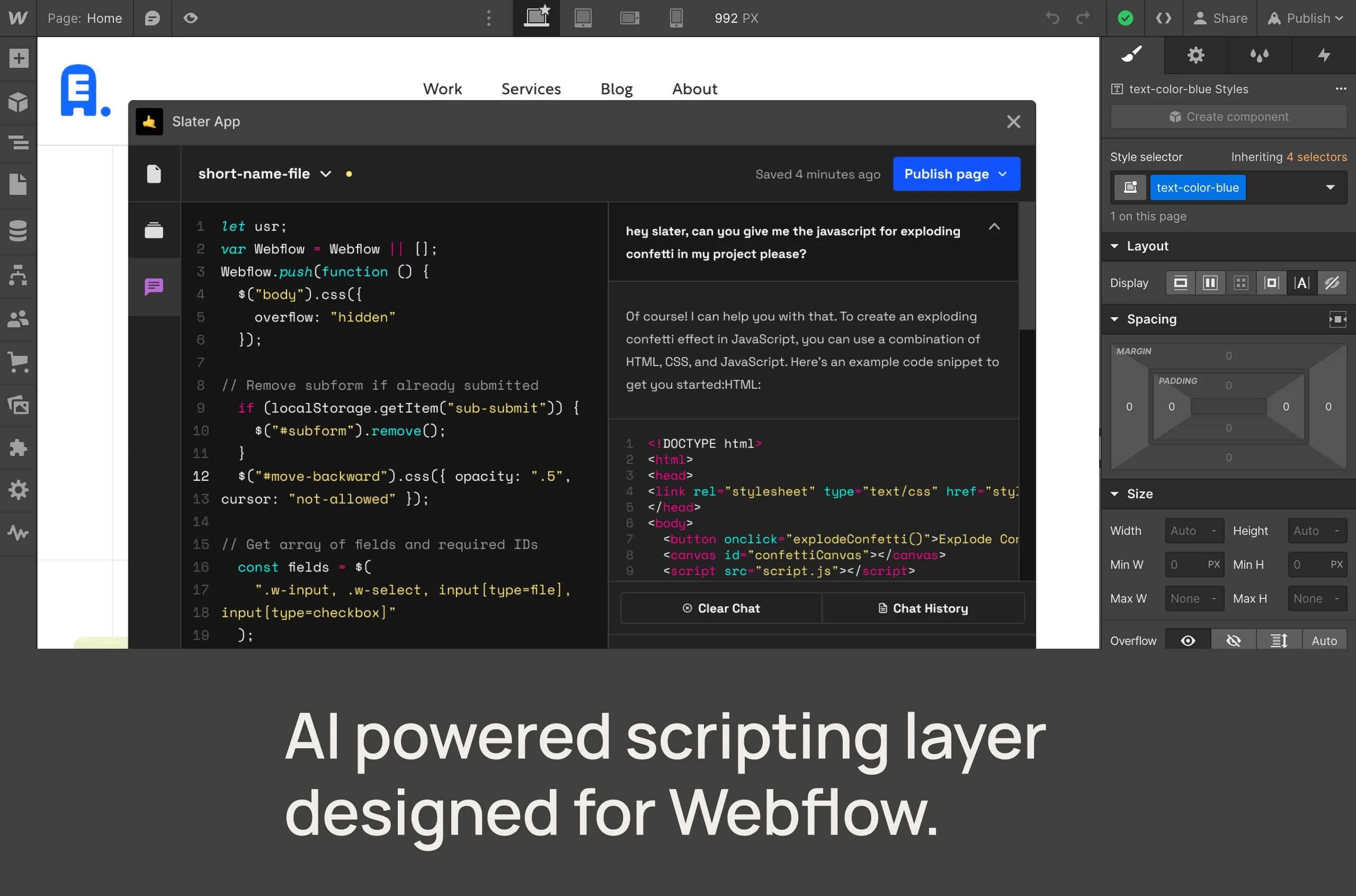 Slater uses AI powered scripting layer designed for Webflow.