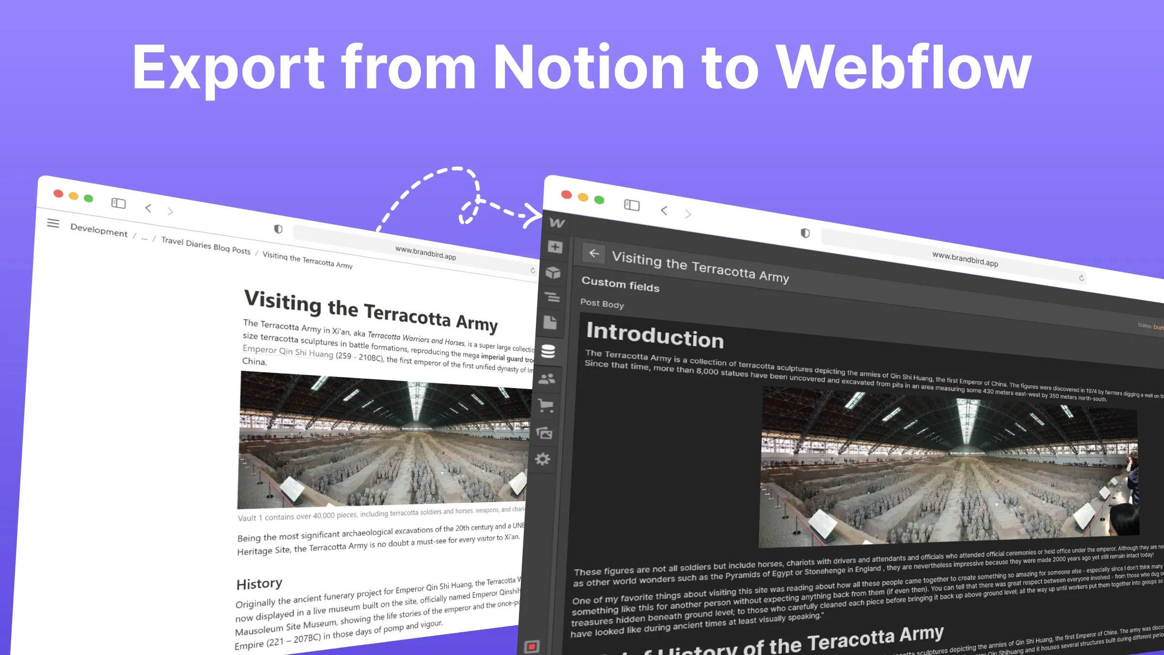 Export from Notion to Webflow with the Cloudpress Webflow App.