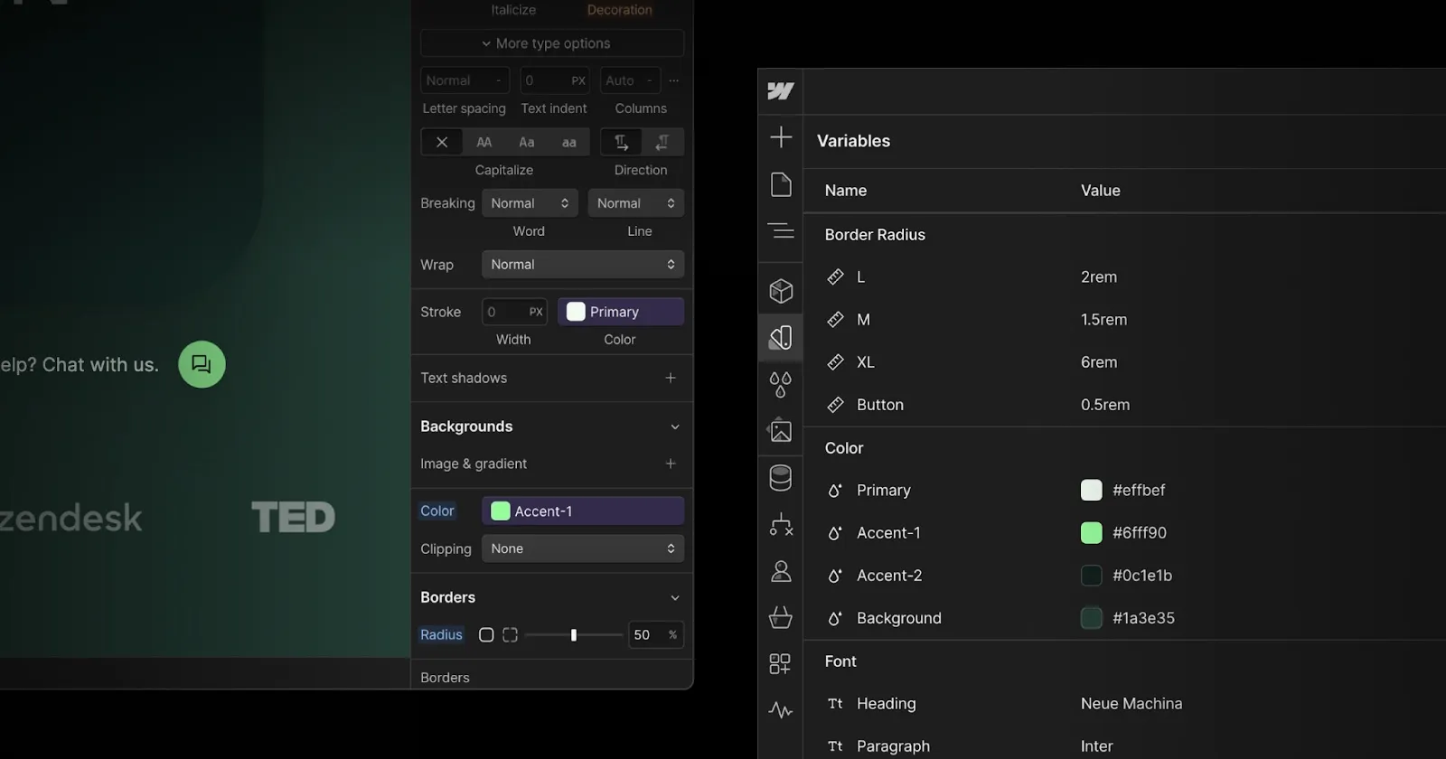 Screenshot of new CSS variables within the updated webflow UI.