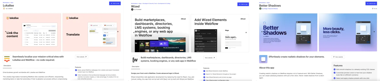 Hero sections of the recently announced webflow apps.