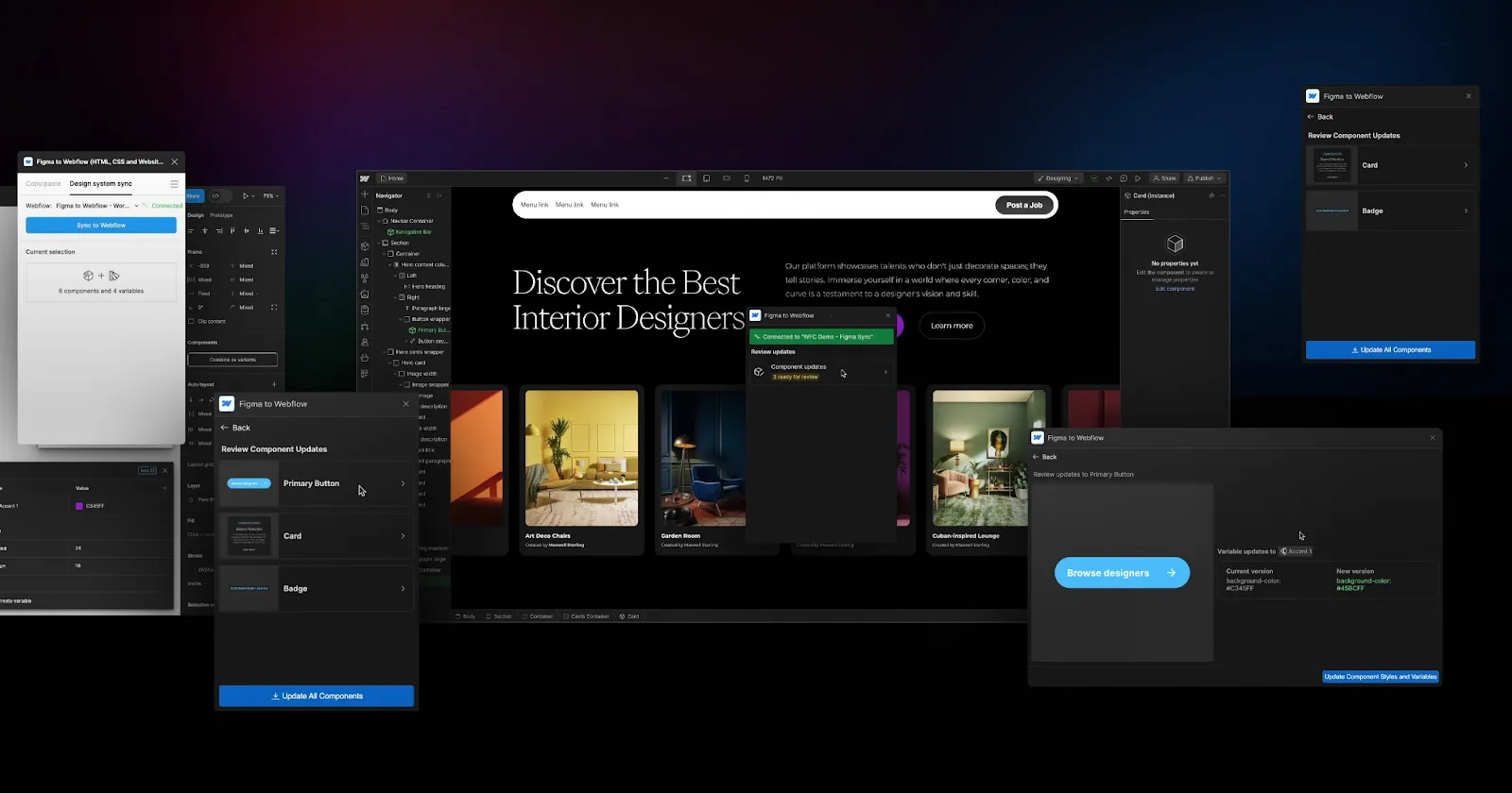 Graphic displaying the relationship between Figma and webflow via the recently updated figma to webflow plugin.