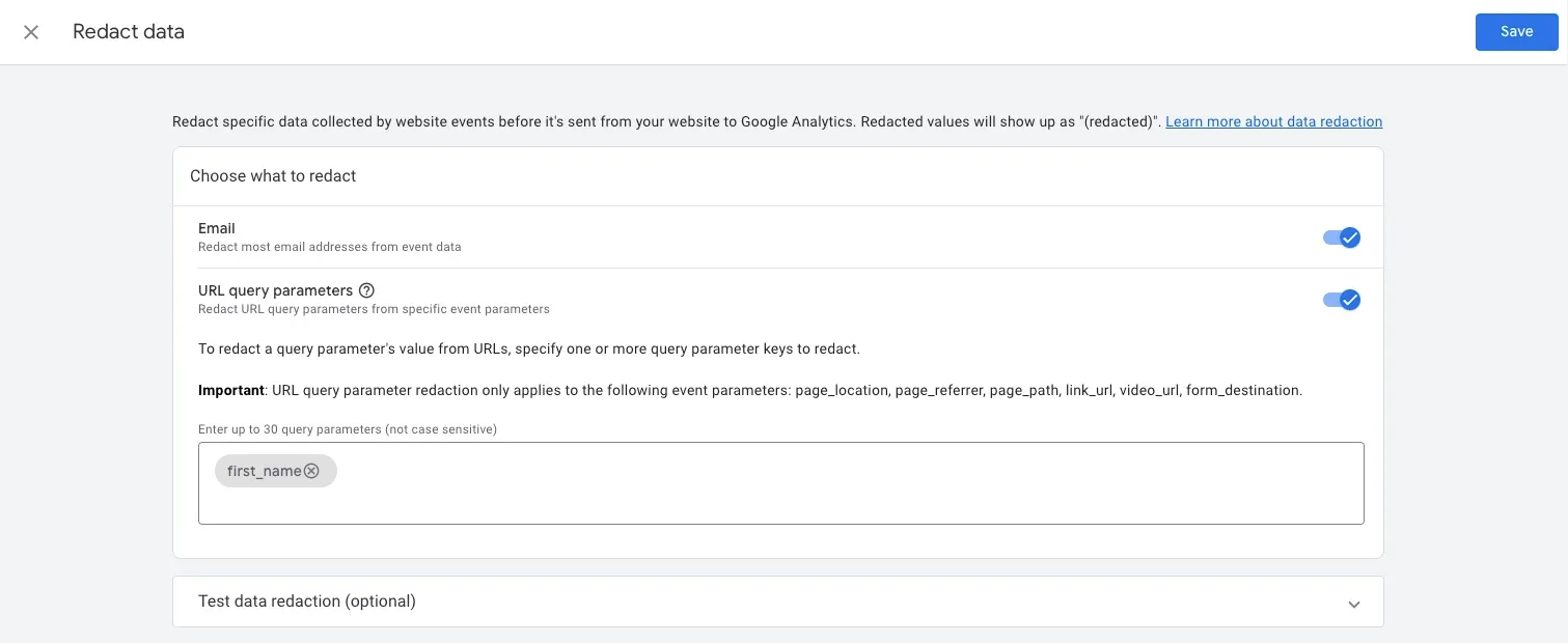 Redact data settings in Google Analytics 4.