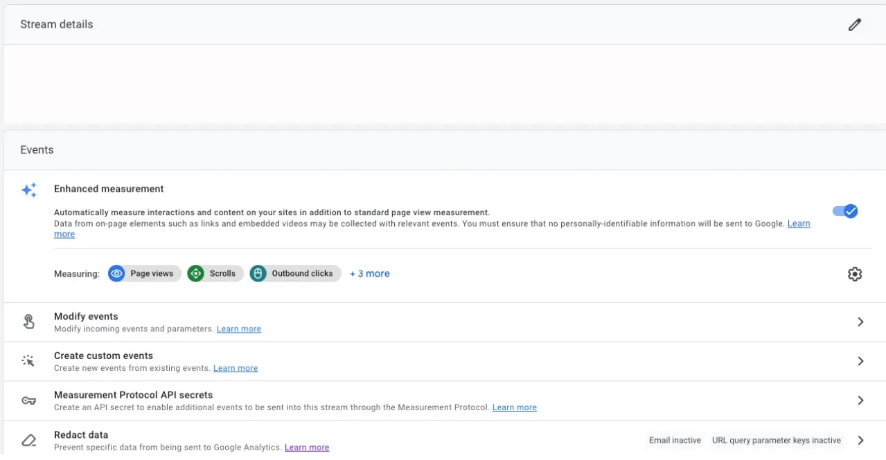 Data stream settings panel in Google Analytics 4.