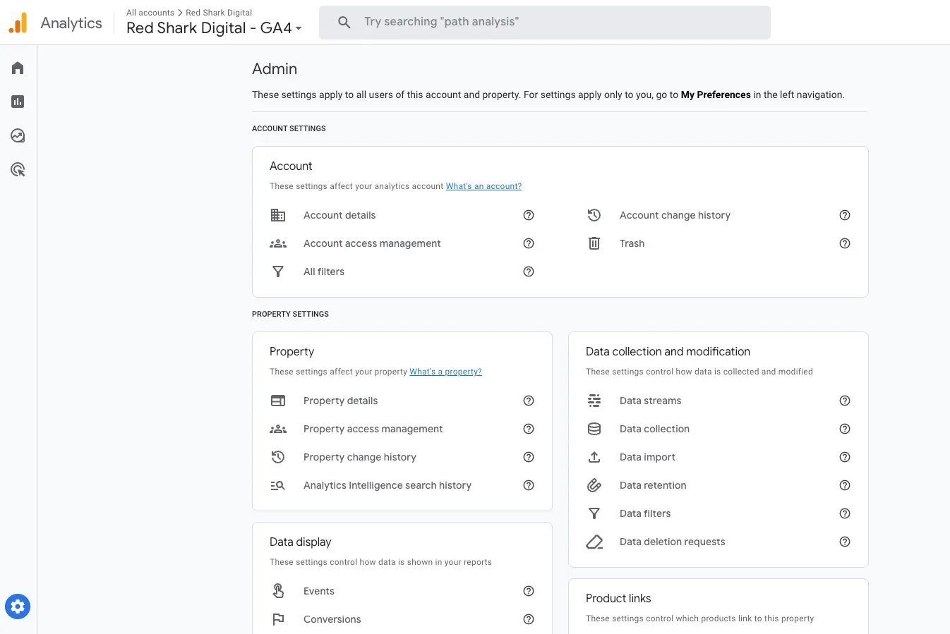 Admin settings in GA4 property.