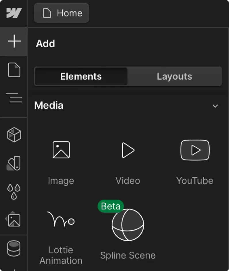 A screenshot of the ‘Elements > Media’ section with the new Spline Scene integration.