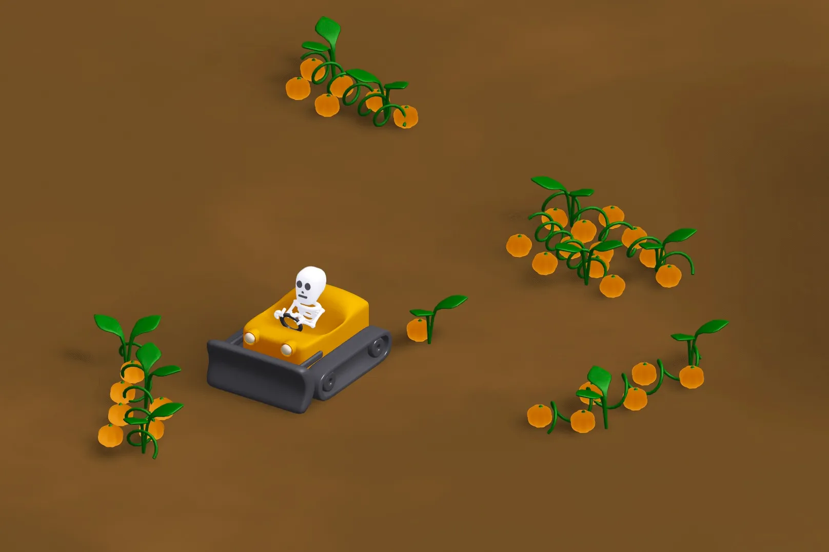 A skeleton character drives a Pumpkin Bulldozer to corral pumpkins.