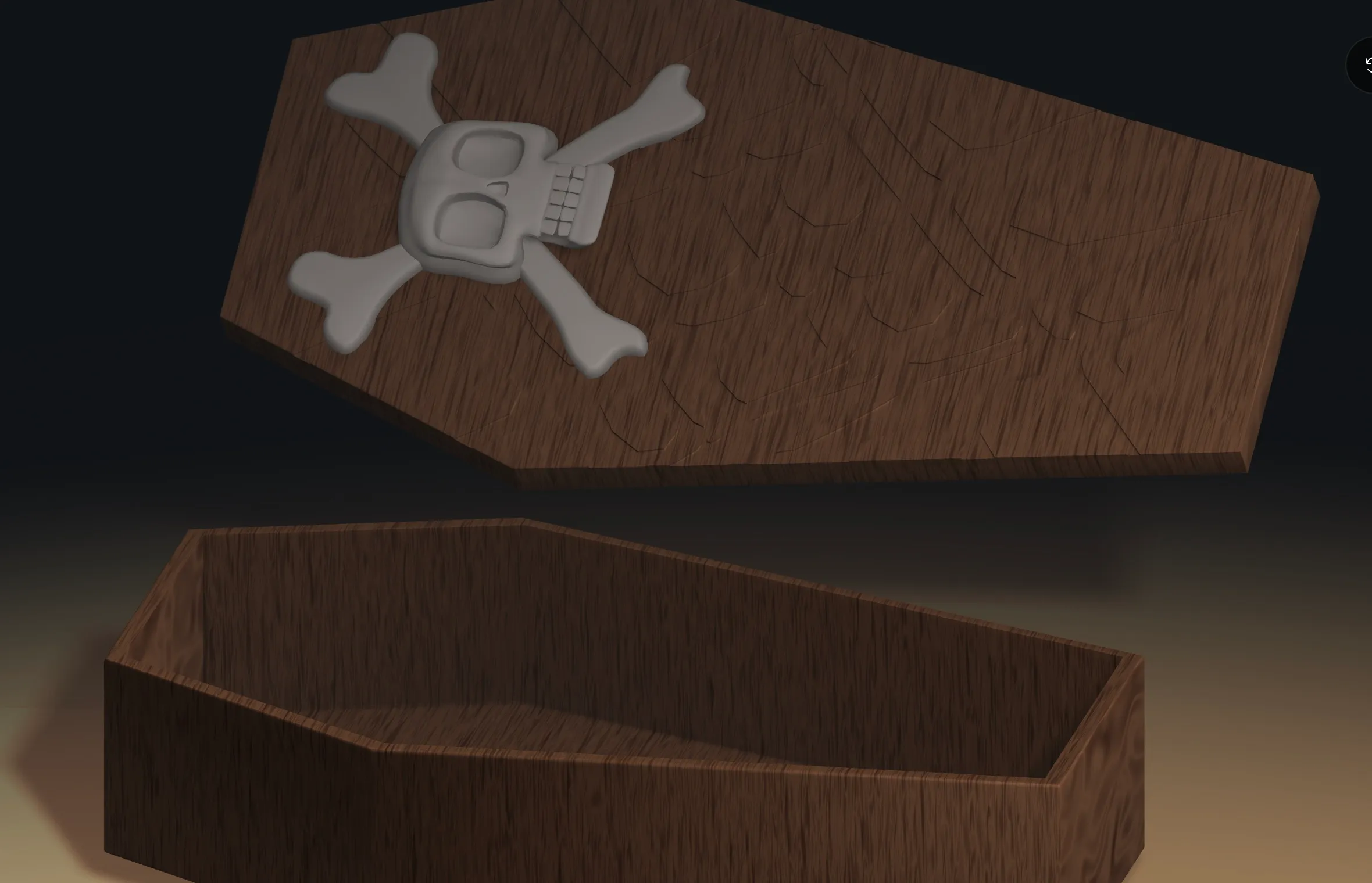 A coffin lid decorated with a skull and crossbones floats from the body of the brown wooden coffin.